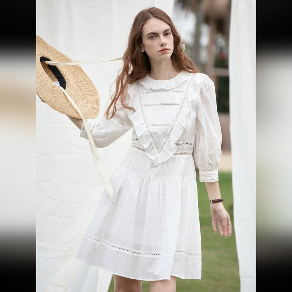 Simple Retro Elegant White Lace Trim Summer Dress